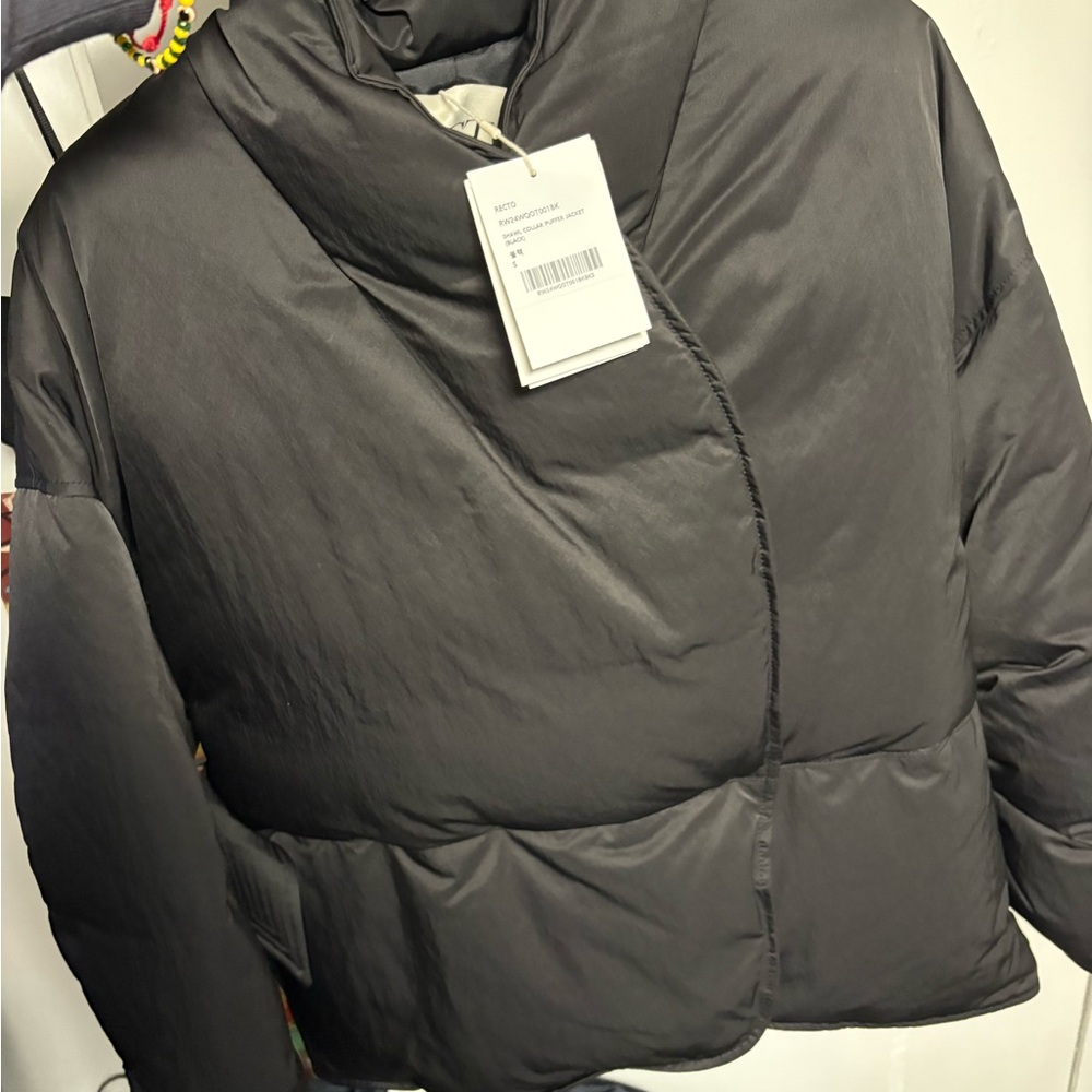 Black Cropped Puffer Jacket with Wrap Design